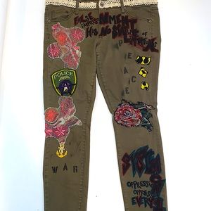 Army green patchwork skinny stretch jeans